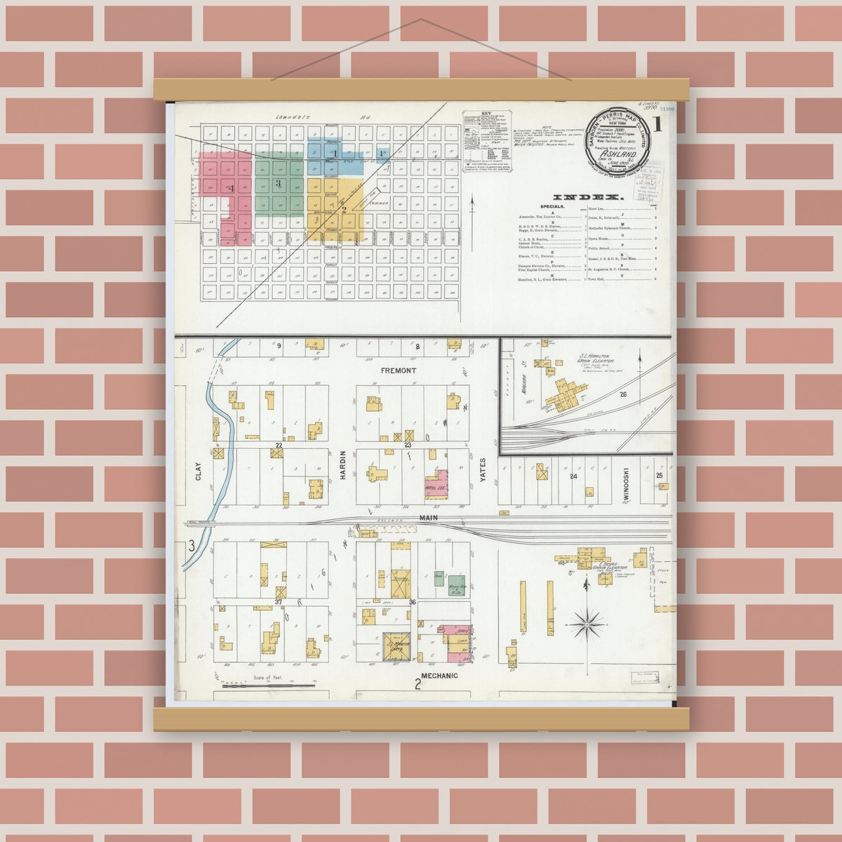 Old map wall art mockup — magnetic wood frame on brick wall — Sanborn Fire Insurance Map from Ashland, Cass County, Illinois (1900) - Complete Map Set