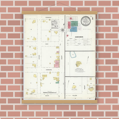 Old map wall art mockup — magnetic wood frame on brick wall — Sanborn Fire Insurance Map from Fairfield, Freestone County, Texas (1907), Sheet #0001