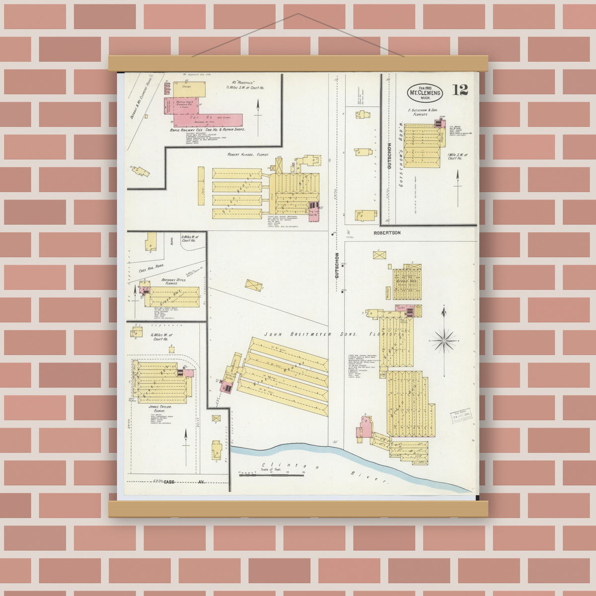 Old map wall art mockup — magnetic wood frame on brick wall — Sanborn Fire Insurance Map from Mount Clemens, Macomb County, Michigan (1903), Sheet #0012