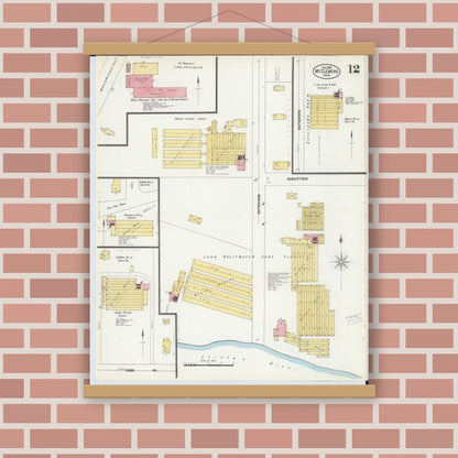 Old map wall art mockup — magnetic wood frame on brick wall — Sanborn Fire Insurance Map from Mount Clemens, Macomb County, Michigan (1903), Sheet #0012