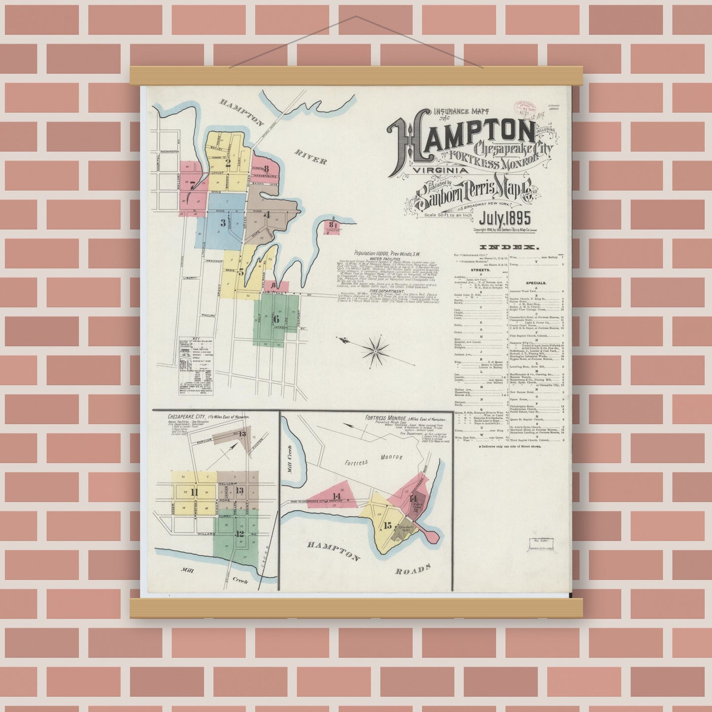 Old map wall art mockup — magnetic wood frame on brick wall — Sanborn Fire Insurance Map from Hampton, Independent Cities, Virginia (1895) - Complete Map Set