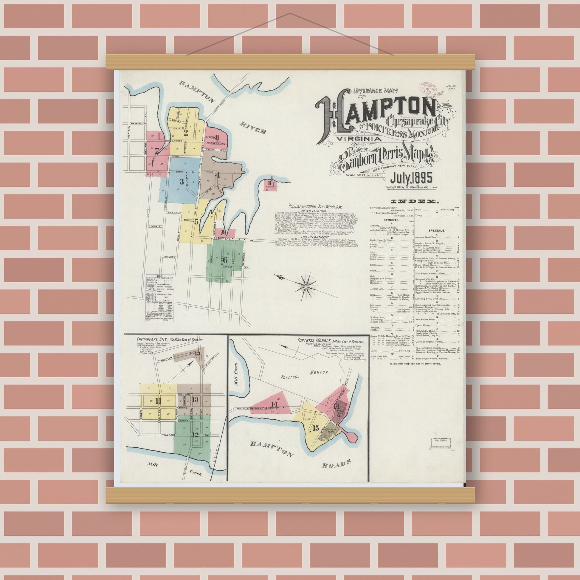 Old map wall art mockup — magnetic wood frame on brick wall — Sanborn Fire Insurance Map from Hampton, Independent Cities, Virginia (1895) - Complete Map Set