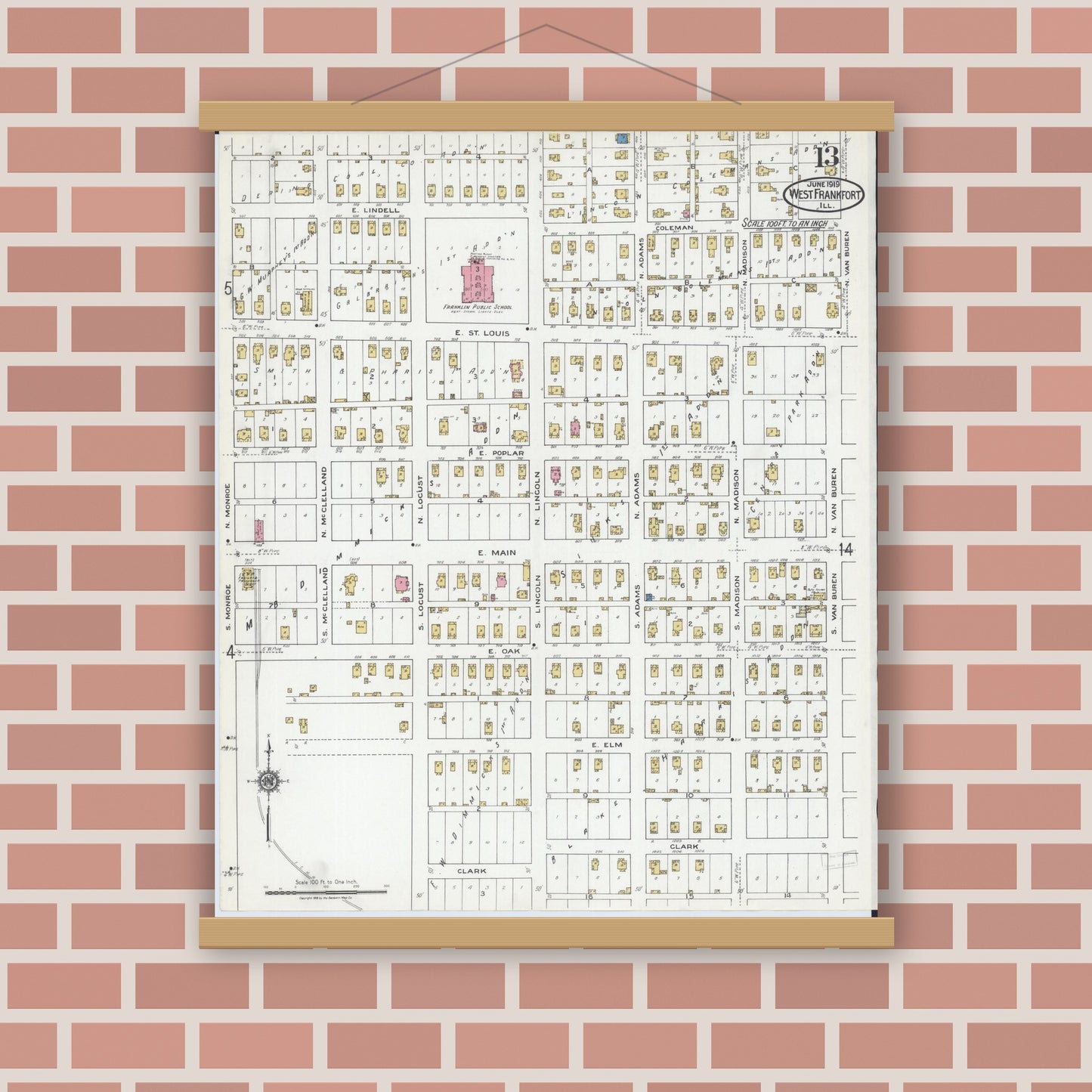 Old map wall art mockup — magnetic wood frame on brick wall — Sanborn Fire Insurance Map from West Frankfort, Franklin County, Illinois (1919), Sheet #0013