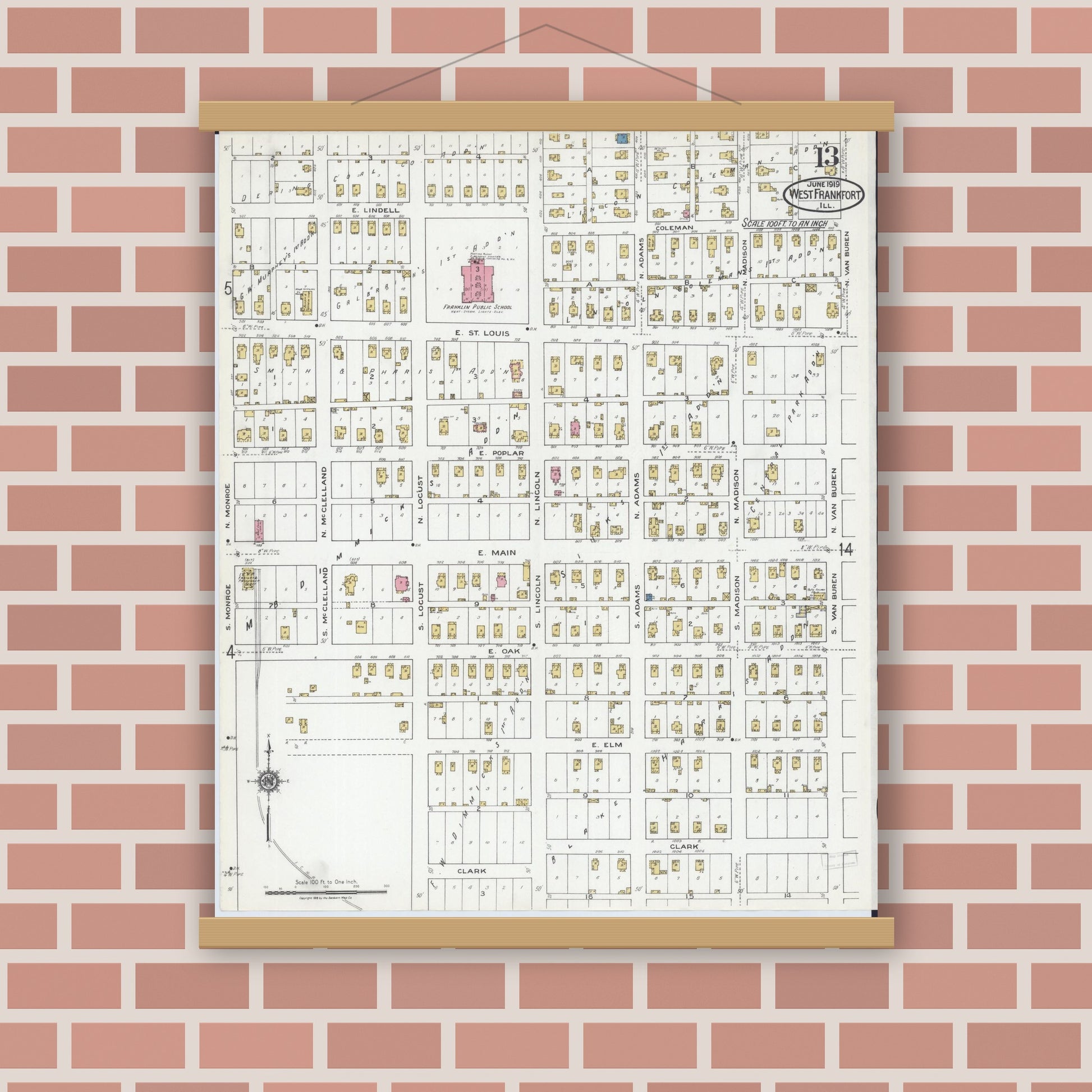 Old map wall art mockup — magnetic wood frame on brick wall — Sanborn Fire Insurance Map from West Frankfort, Franklin County, Illinois (1919), Sheet #0013