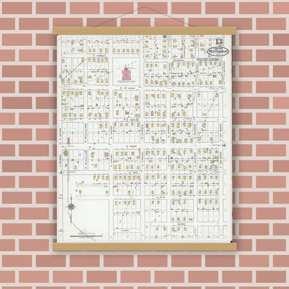 Old map wall art mockup — magnetic wood frame on brick wall — Sanborn Fire Insurance Map from West Frankfort, Franklin County, Illinois (1919), Sheet #0013