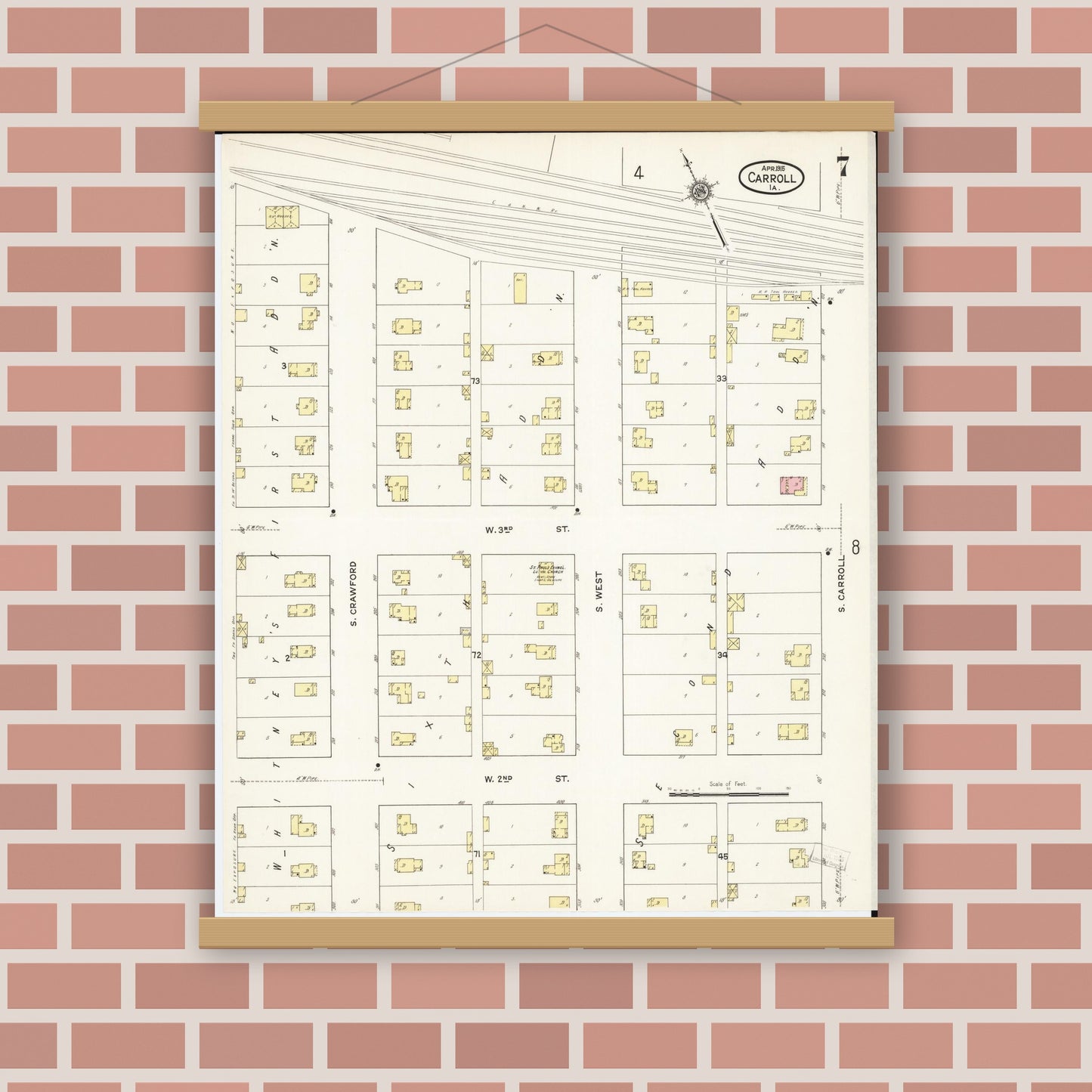 Old map wall art mockup — magnetic wood frame on brick wall — Sanborn Fire Insurance Map from Carroll, Carroll County, Iowa (1915), Sheet #0007