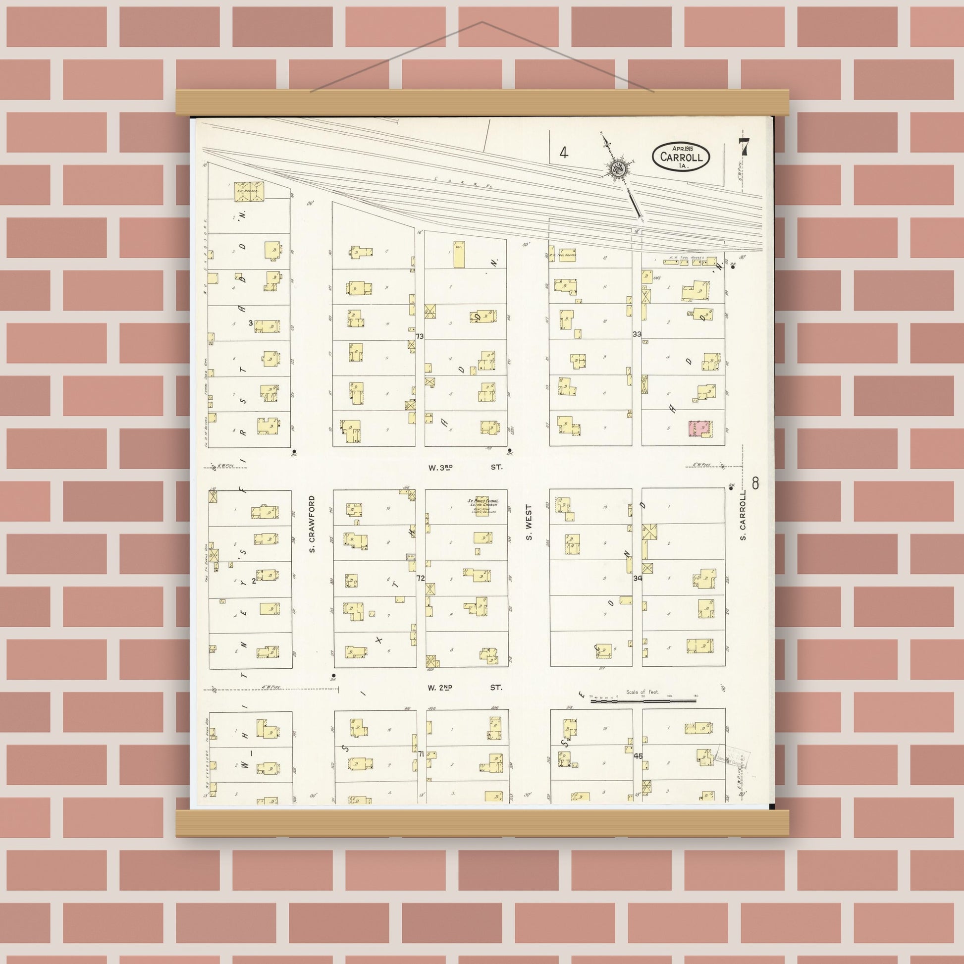 Old map wall art mockup — magnetic wood frame on brick wall — Sanborn Fire Insurance Map from Carroll, Carroll County, Iowa (1915), Sheet #0007