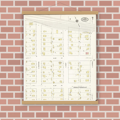 Old map wall art mockup — magnetic wood frame on brick wall — Sanborn Fire Insurance Map from Carroll, Carroll County, Iowa (1915), Sheet #0007