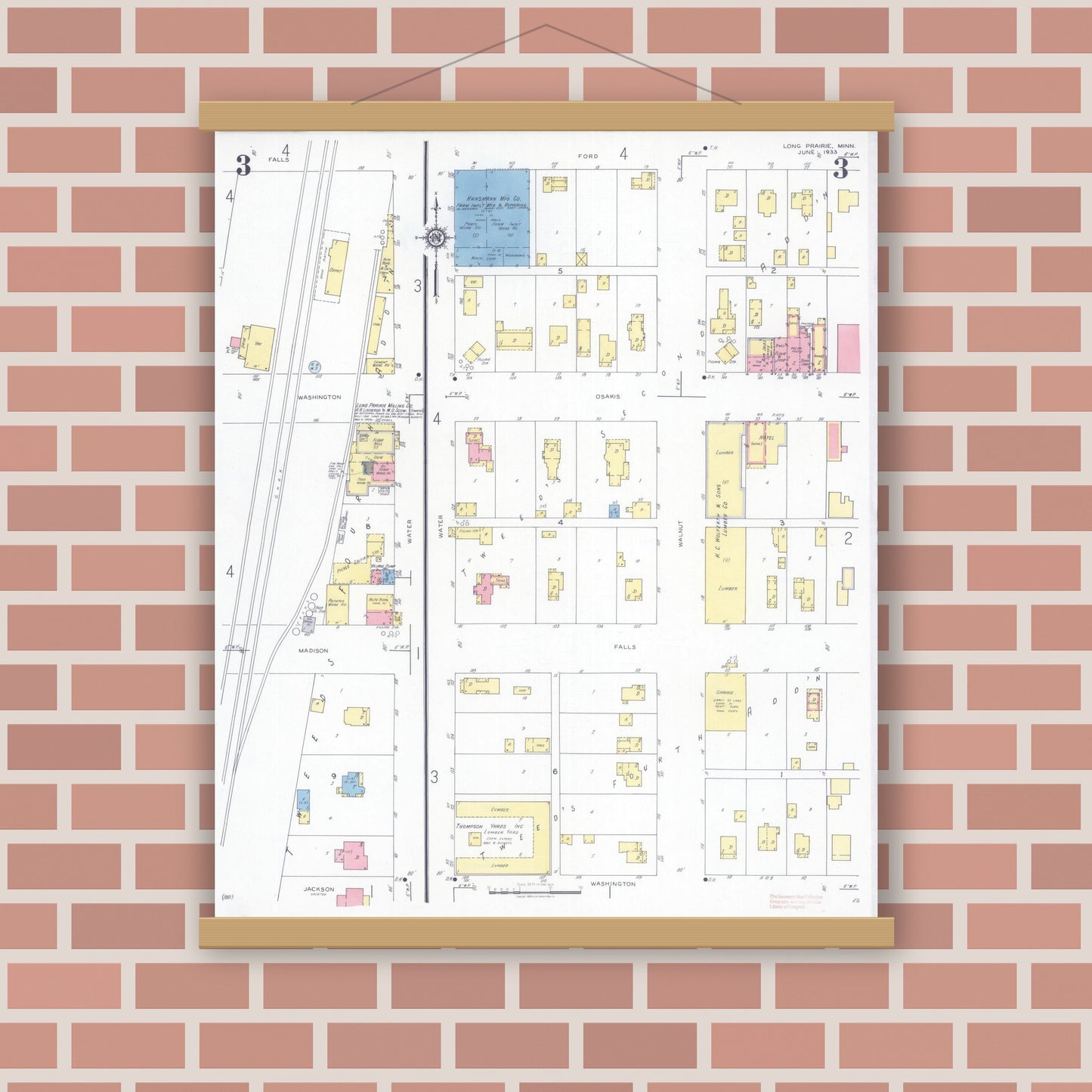 Old map wall art mockup — magnetic wood frame on brick wall — Sanborn Fire Insurance Map from Long Prairie, Todd County, Minnesota (1933), Sheet #0003