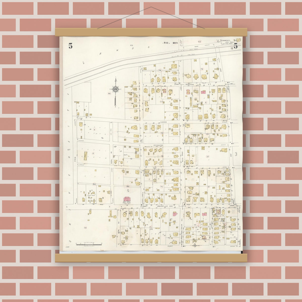 Old map wall art mockup — magnetic wood frame on brick wall — Sanborn Fire Insurance Map from Commerce, Hunt County, Texas (1940), Sheet #0005