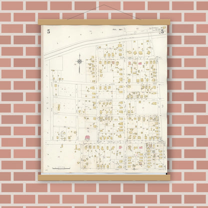 Old map wall art mockup — magnetic wood frame on brick wall — Sanborn Fire Insurance Map from Commerce, Hunt County, Texas (1940), Sheet #0005