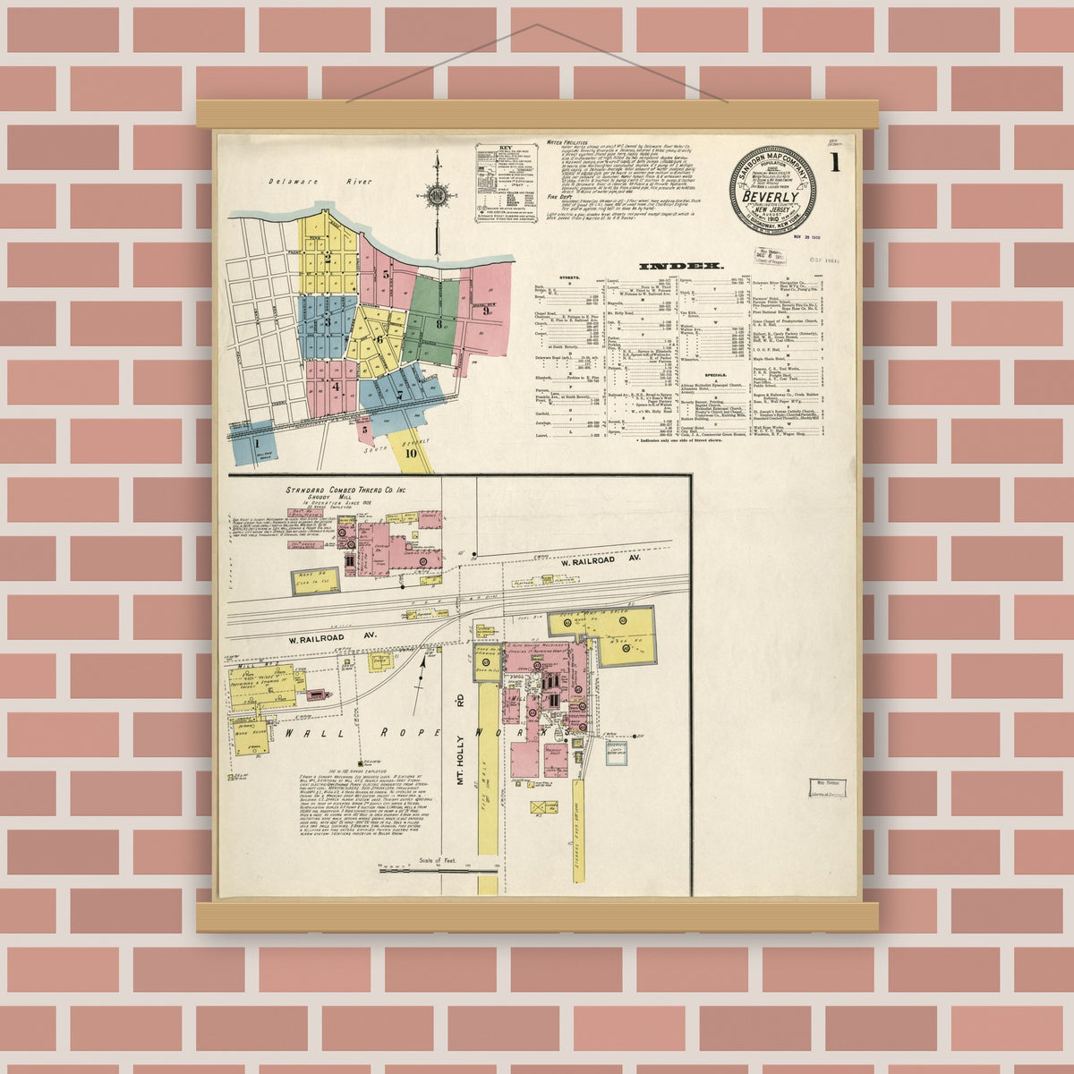 Old map wall art mockup — magnetic wood frame on brick wall — Sanborn Fire Insurance Map from Beverly, Burlington County, New Jersey (1910), Sheet #0001