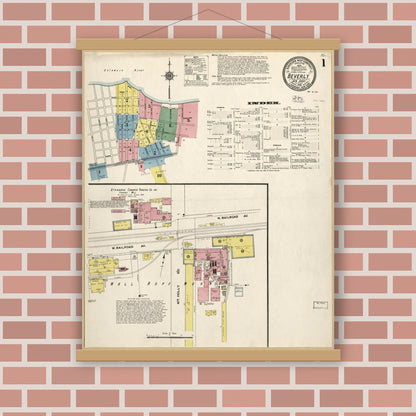 Old map wall art mockup — magnetic wood frame on brick wall — Sanborn Fire Insurance Map from Beverly, Burlington County, New Jersey (1910), Sheet #0001