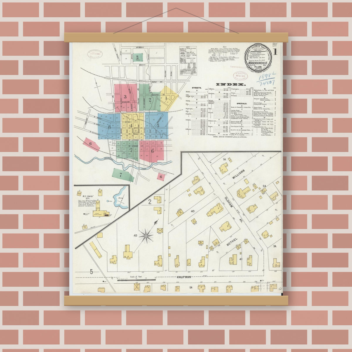 Old map wall art mockup — magnetic wood frame on brick wall — Sanborn Fire Insurance Map from Waxahachie, Ellis County, Texas (1898) - Complete Map Set