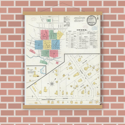 Old map wall art mockup — magnetic wood frame on brick wall — Sanborn Fire Insurance Map from Waxahachie, Ellis County, Texas (1898) - Complete Map Set