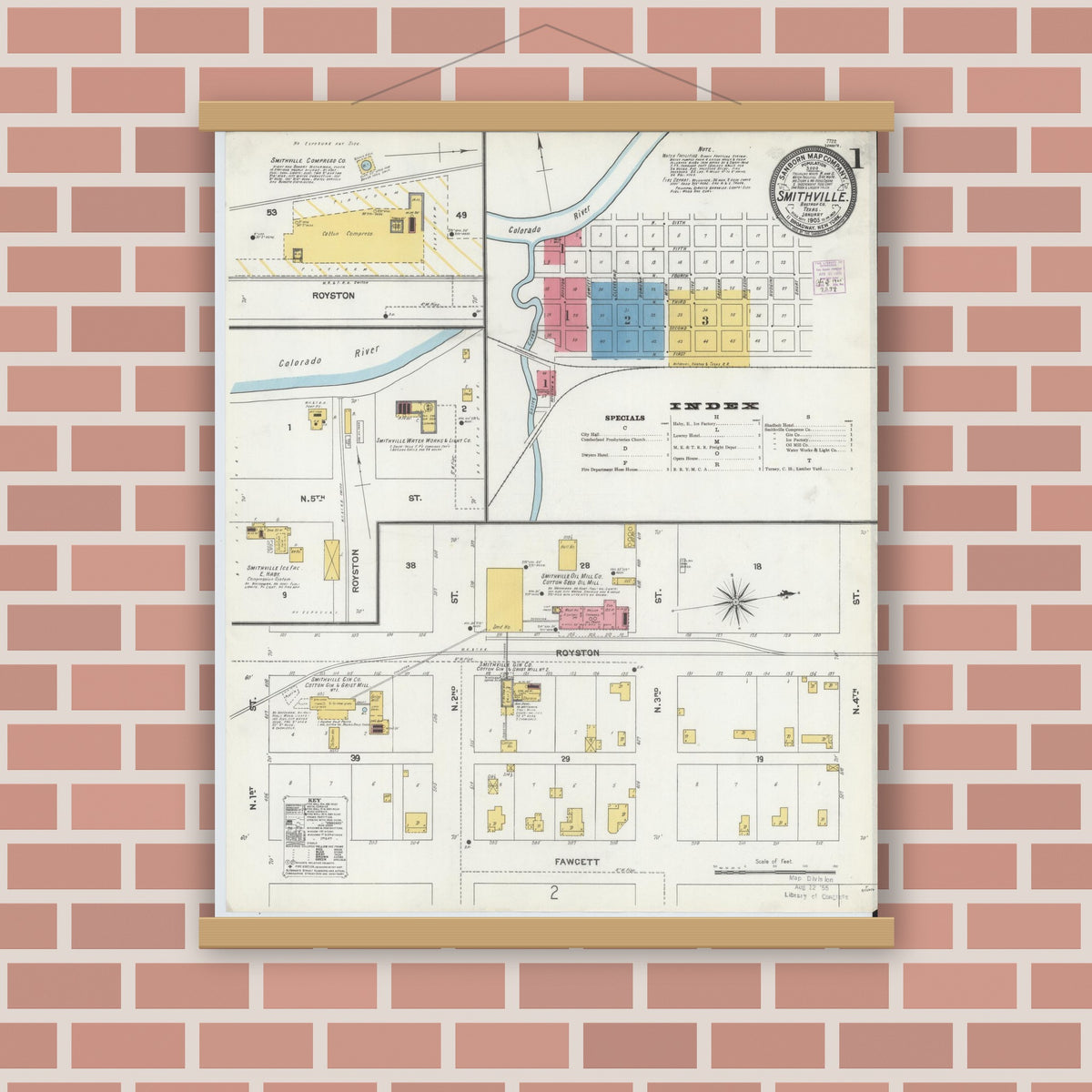 Old map wall art mockup — magnetic wood frame on brick wall — Sanborn Fire Insurance Map from Smithville, Bastrop County, Texas (1905) - Complete Map Set