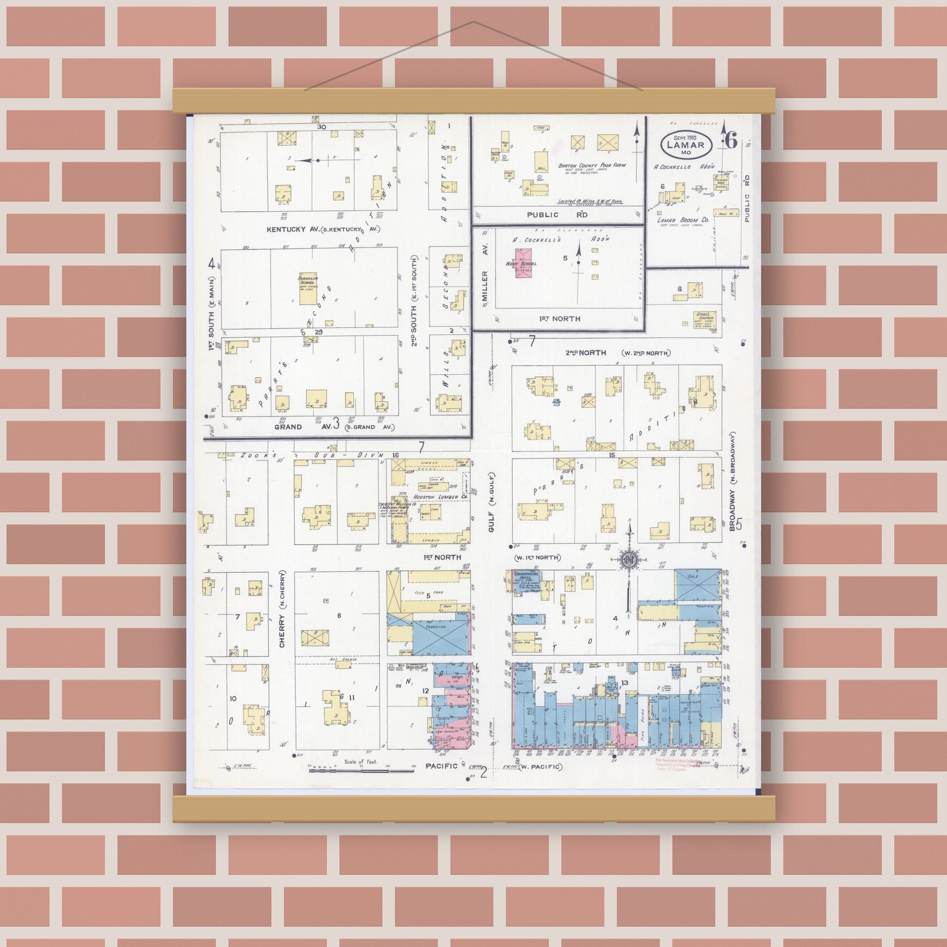 Old map wall art mockup — magnetic wood frame on brick wall — Sanborn Fire Insurance Map from Lamar, Barton County, Missouri (1910), Sheet #0006