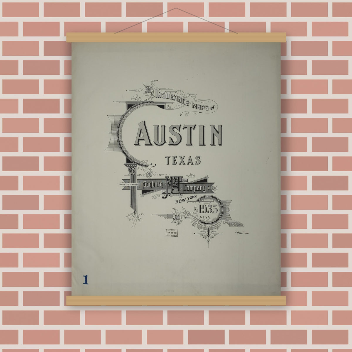Old map wall art mockup — magnetic wood frame on brick wall — Sanborn Fire Insurance Map from Austin, Travis County, Texas (1935), Sheet #0001