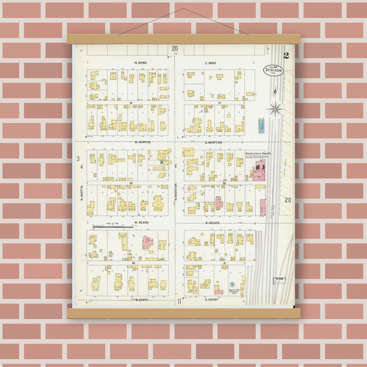 Old map wall art mockup — magnetic wood frame on brick wall — Sanborn Fire Insurance Map from Denison, Grayson County, Texas (1903), Sheet #0002