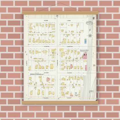 Old map wall art mockup — magnetic wood frame on brick wall — Sanborn Fire Insurance Map from Denison, Grayson County, Texas (1903), Sheet #0002