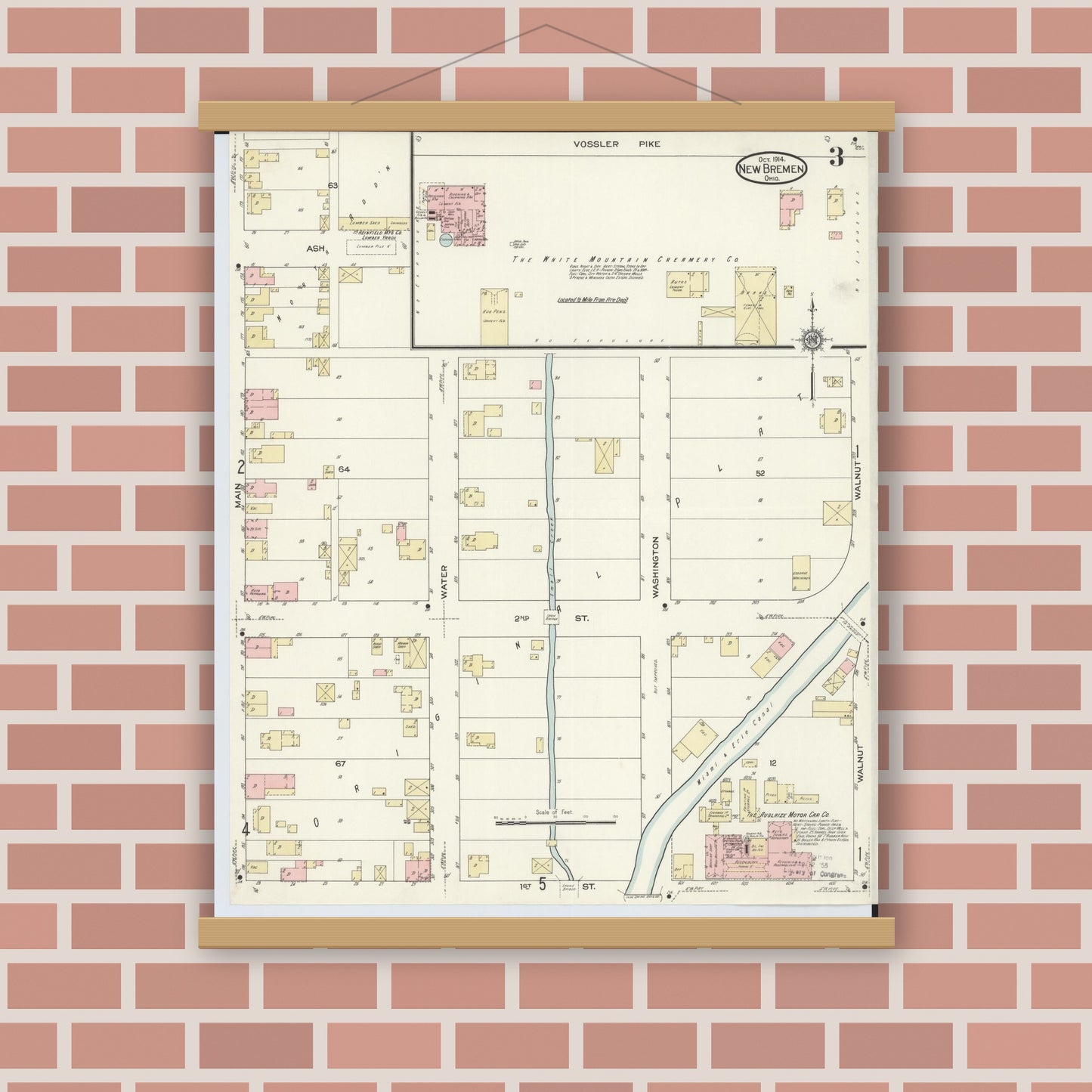 Old map wall art mockup — magnetic wood frame on brick wall — Sanborn Fire Insurance Map from New Bremen, Auglaize County, Ohio (1914), Sheet #0003