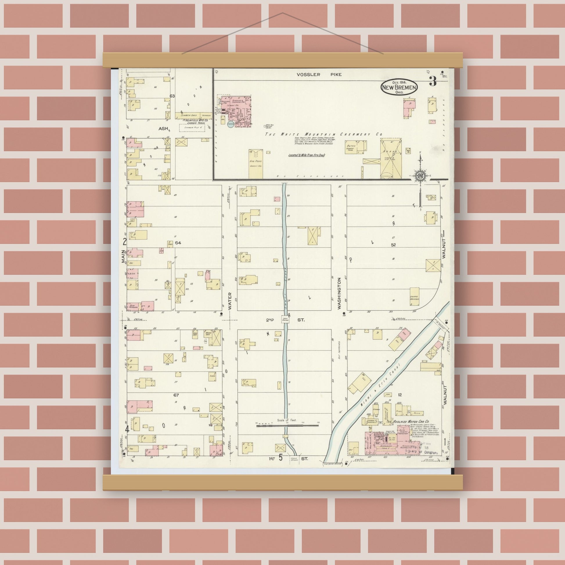 Old map wall art mockup — magnetic wood frame on brick wall — Sanborn Fire Insurance Map from New Bremen, Auglaize County, Ohio (1914), Sheet #0003