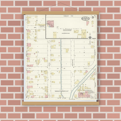 Old map wall art mockup — magnetic wood frame on brick wall — Sanborn Fire Insurance Map from New Bremen, Auglaize County, Ohio (1914), Sheet #0003