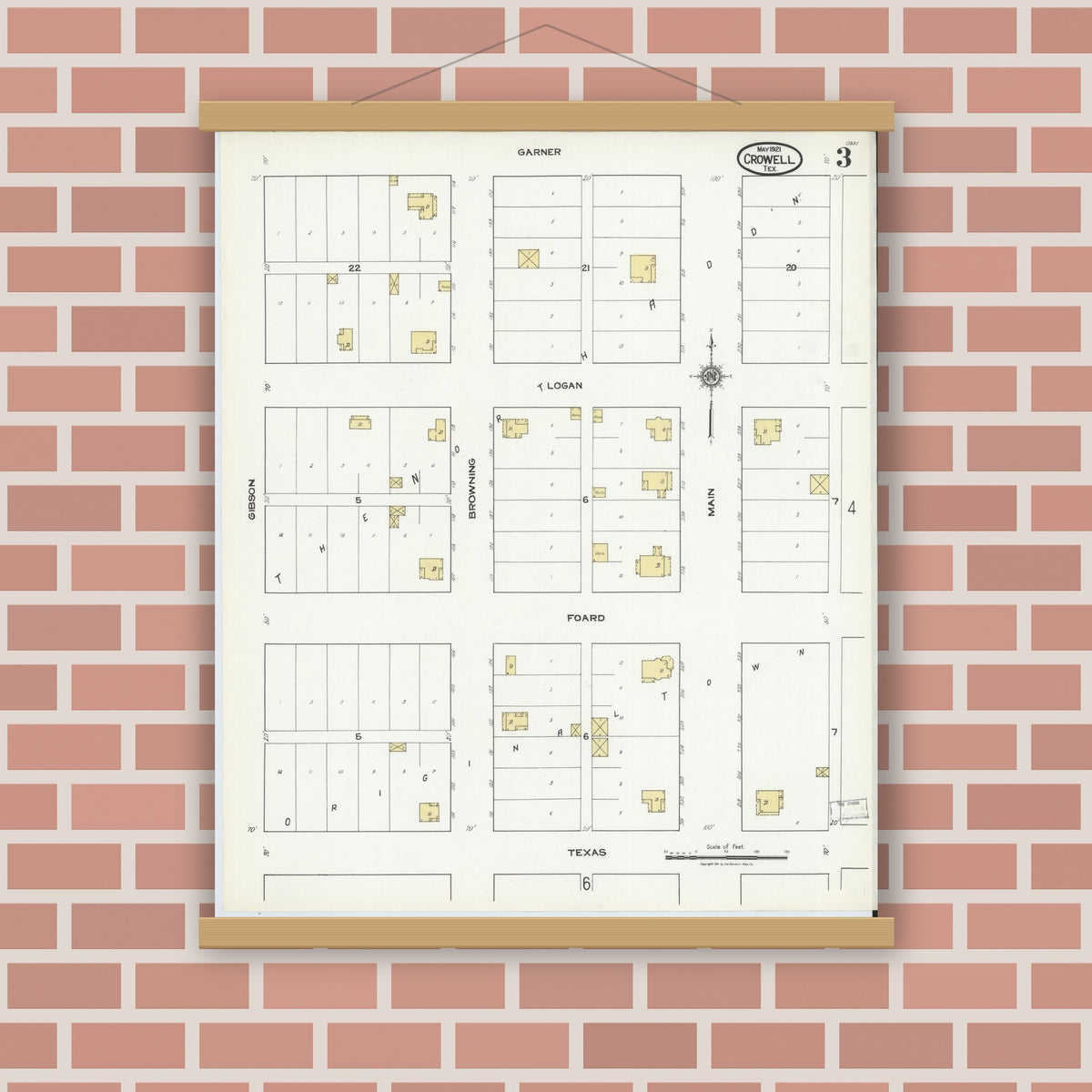 Old map wall art mockup — magnetic wood frame on brick wall — Sanborn Fire Insurance Map from Crowell, Foard County, Texas (1921), Sheet #0003