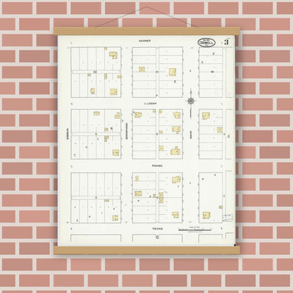Old map wall art mockup — magnetic wood frame on brick wall — Sanborn Fire Insurance Map from Crowell, Foard County, Texas (1921), Sheet #0003