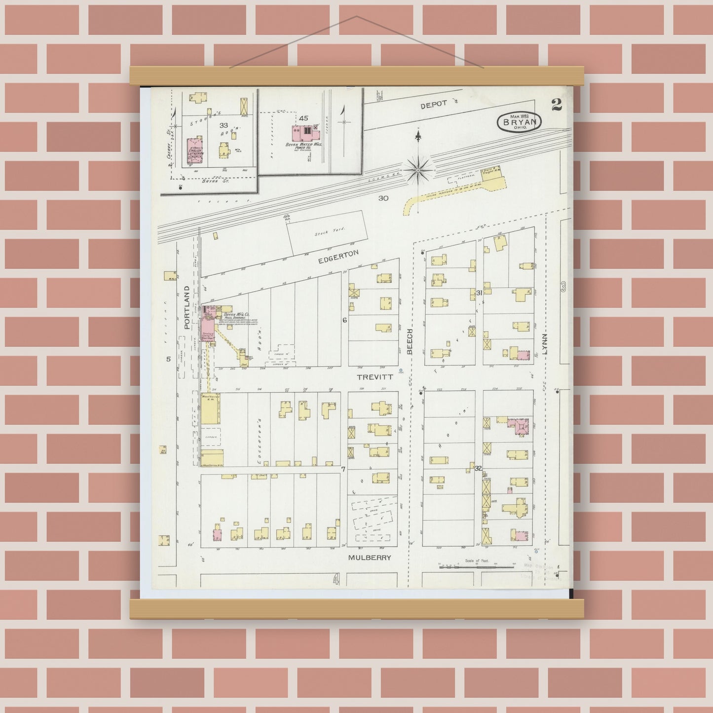 Old map wall art mockup — magnetic wood frame on brick wall — Sanborn Fire Insurance Map from Bryan, Williams County, Ohio (1893), Sheet #0002