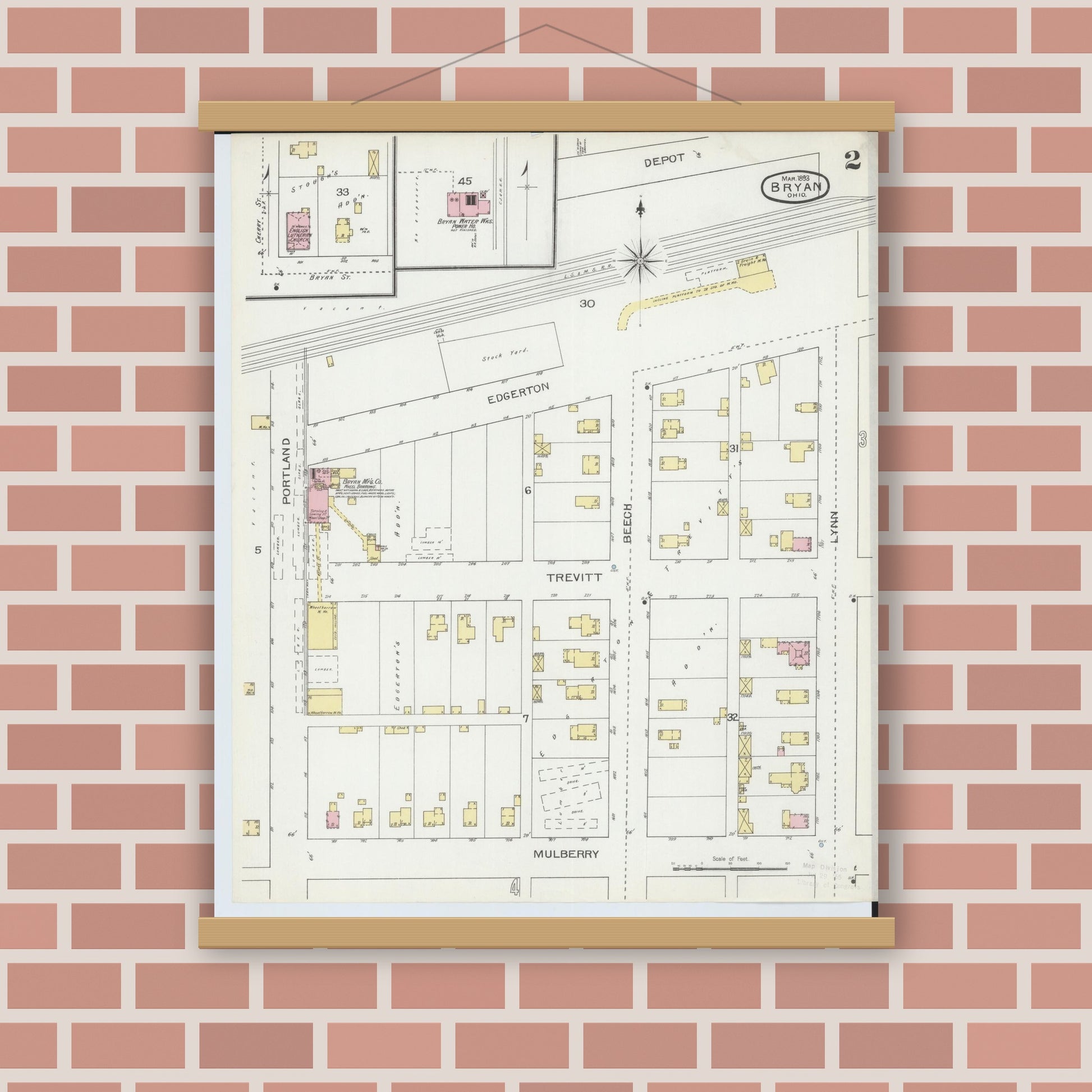 Old map wall art mockup — magnetic wood frame on brick wall — Sanborn Fire Insurance Map from Bryan, Williams County, Ohio (1893), Sheet #0002