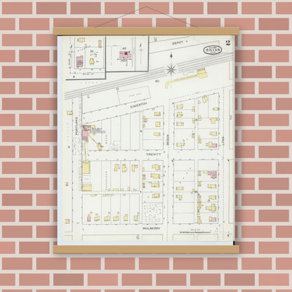 Old map wall art mockup — magnetic wood frame on brick wall — Sanborn Fire Insurance Map from Bryan, Williams County, Ohio (1893), Sheet #0002