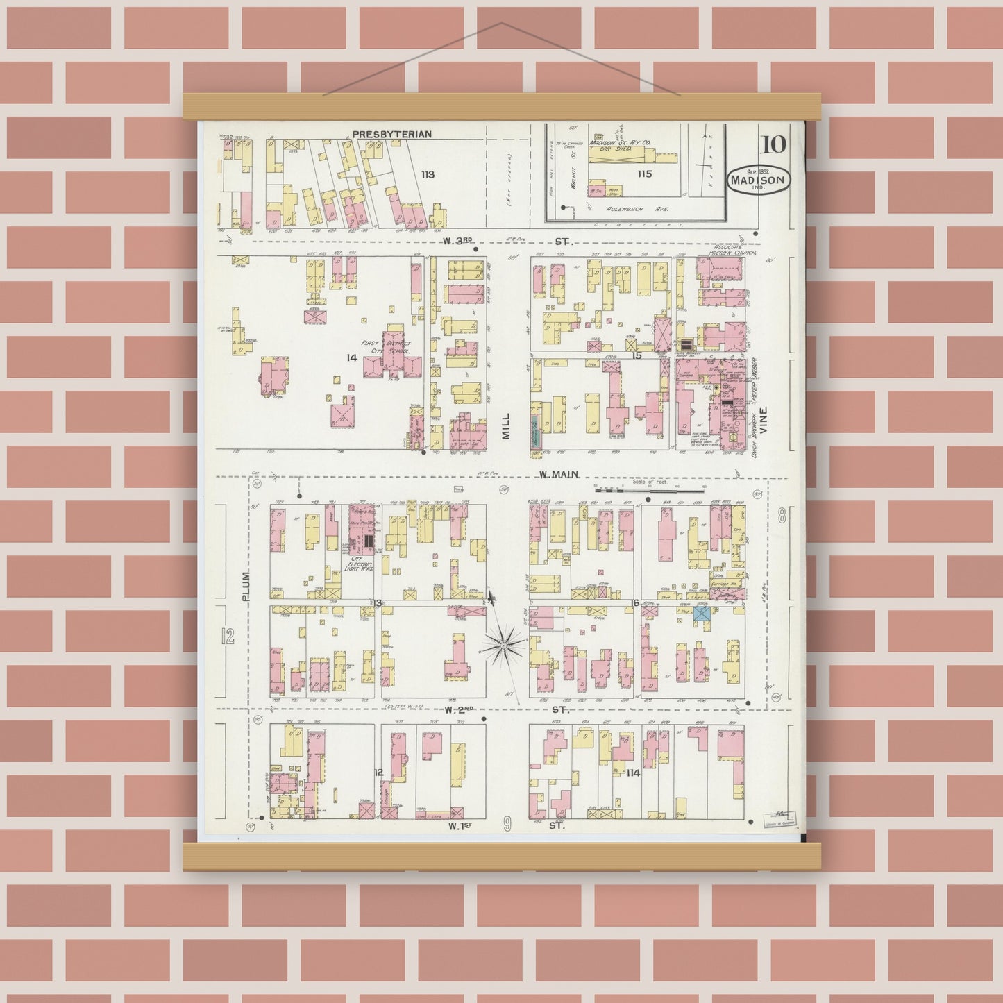 Old map wall art mockup — magnetic wood frame on brick wall — Sanborn Fire Insurance Map from Madison, Jefferson County, Indiana (1892), Sheet #0010