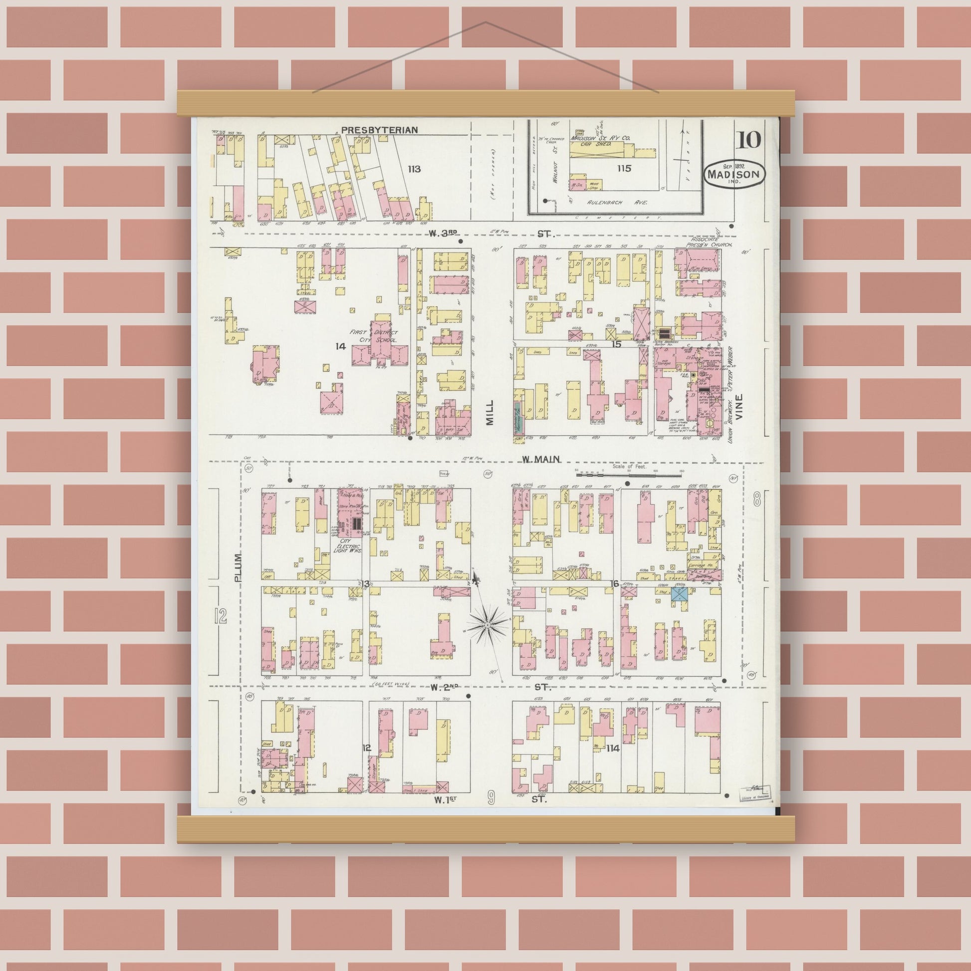 Old map wall art mockup — magnetic wood frame on brick wall — Sanborn Fire Insurance Map from Madison, Jefferson County, Indiana (1892), Sheet #0010