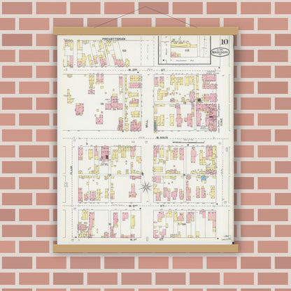 Old map wall art mockup — magnetic wood frame on brick wall — Sanborn Fire Insurance Map from Madison, Jefferson County, Indiana (1892), Sheet #0010