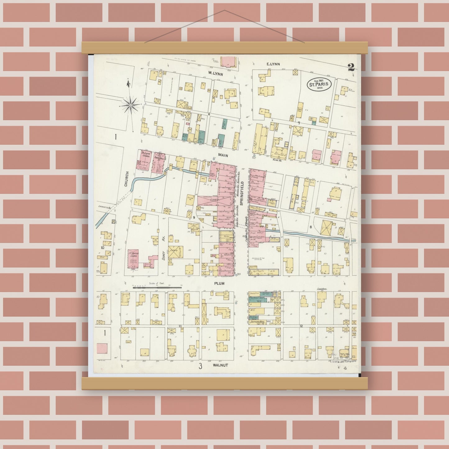 Old map wall art mockup — magnetic wood frame on brick wall — Sanborn Fire Insurance Map from Saint Paris, Champaign County, Ohio (1901), Sheet #0002