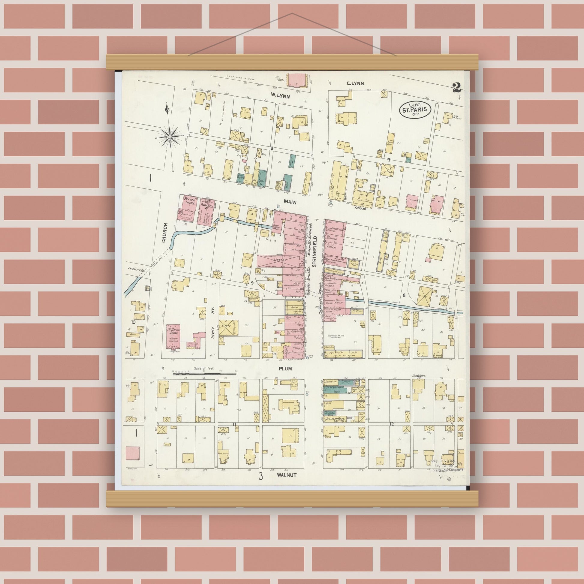 Old map wall art mockup — magnetic wood frame on brick wall — Sanborn Fire Insurance Map from Saint Paris, Champaign County, Ohio (1901), Sheet #0002