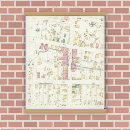 Old map wall art mockup — magnetic wood frame on brick wall — Sanborn Fire Insurance Map from Saint Paris, Champaign County, Ohio (1901), Sheet #0002
