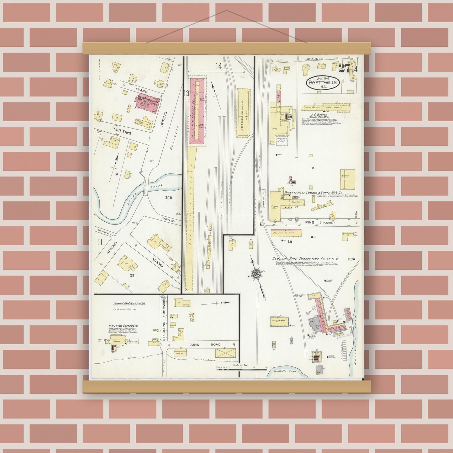 Old map wall art mockup — magnetic wood frame on brick wall — Sanborn Fire Insurance Map from Fayetteville, Cumberland County, North Carolina (1914), Sheet #0027