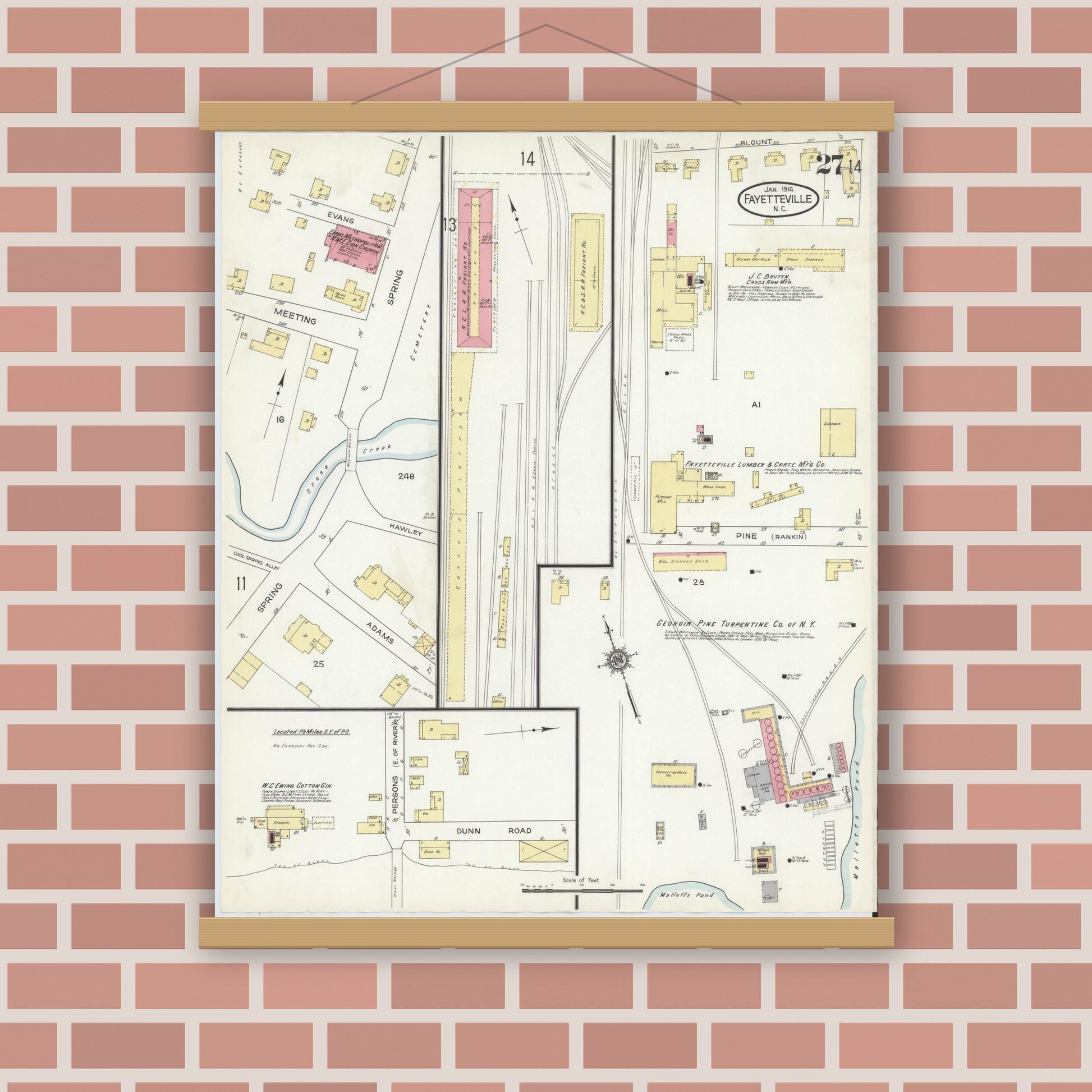Old map wall art mockup — magnetic wood frame on brick wall — Sanborn Fire Insurance Map from Fayetteville, Cumberland County, North Carolina (1914), Sheet #0027