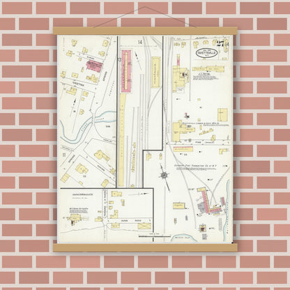Old map wall art mockup — magnetic wood frame on brick wall — Sanborn Fire Insurance Map from Fayetteville, Cumberland County, North Carolina (1914), Sheet #0027