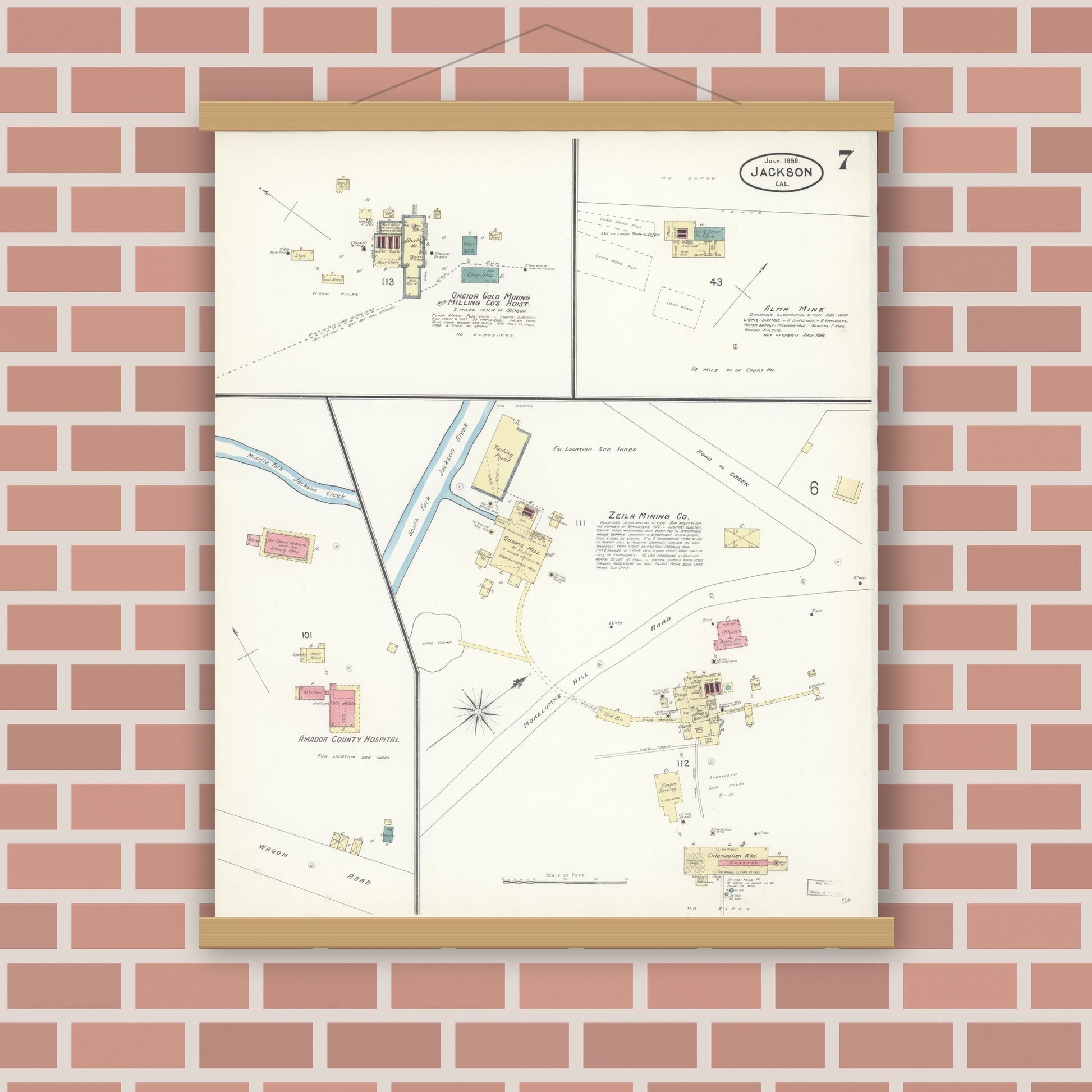 Old map wall art mockup — magnetic wood frame on brick wall — Sanborn Fire Insurance Map from Jackson, Amador County, California (1898), Sheet #0007