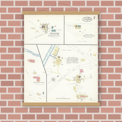 Old map wall art mockup — magnetic wood frame on brick wall — Sanborn Fire Insurance Map from Jackson, Amador County, California (1898), Sheet #0007