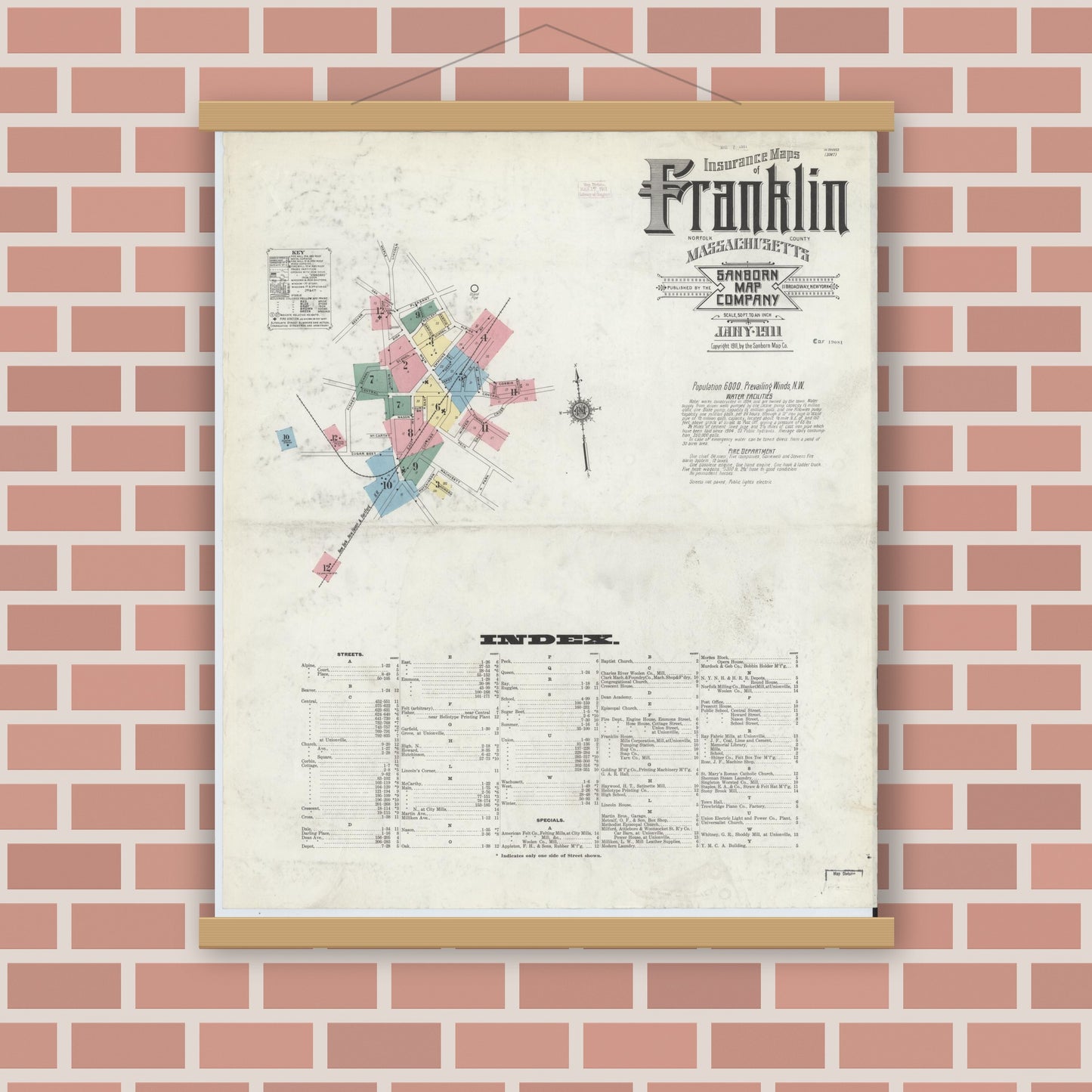Old map wall art mockup — magnetic wood frame on brick wall — Sanborn Fire Insurance Map from Franklin, Norfolk County, Massachusetts (1911) - Complete Map Set