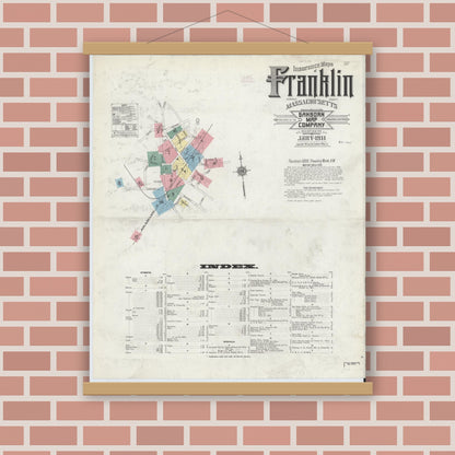 Old map wall art mockup — magnetic wood frame on brick wall — Sanborn Fire Insurance Map from Franklin, Norfolk County, Massachusetts (1911) - Complete Map Set