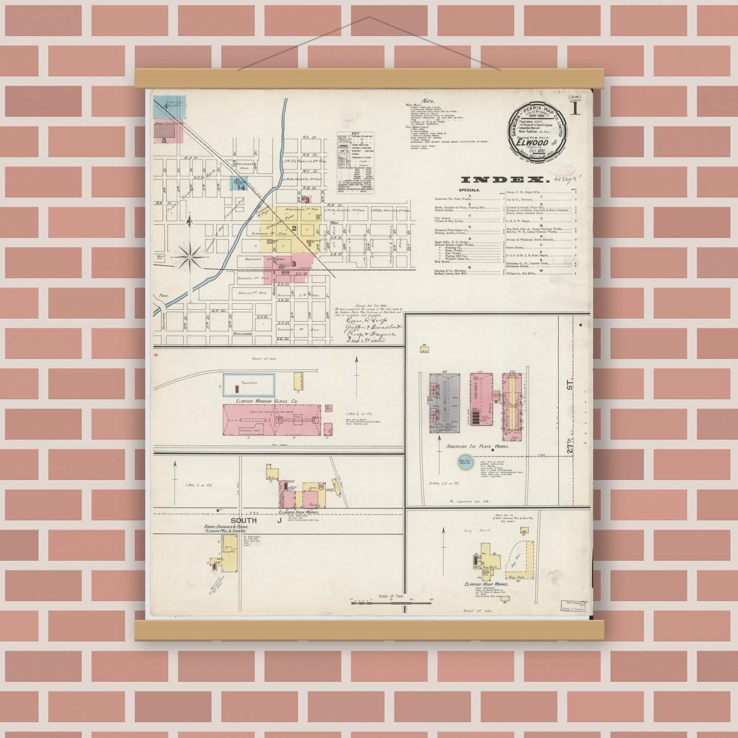 Old map wall art mockup — magnetic wood frame on brick wall — Sanborn Fire Insurance Map from Elwood, Madison County, Indiana (1892) - Complete Map Set
