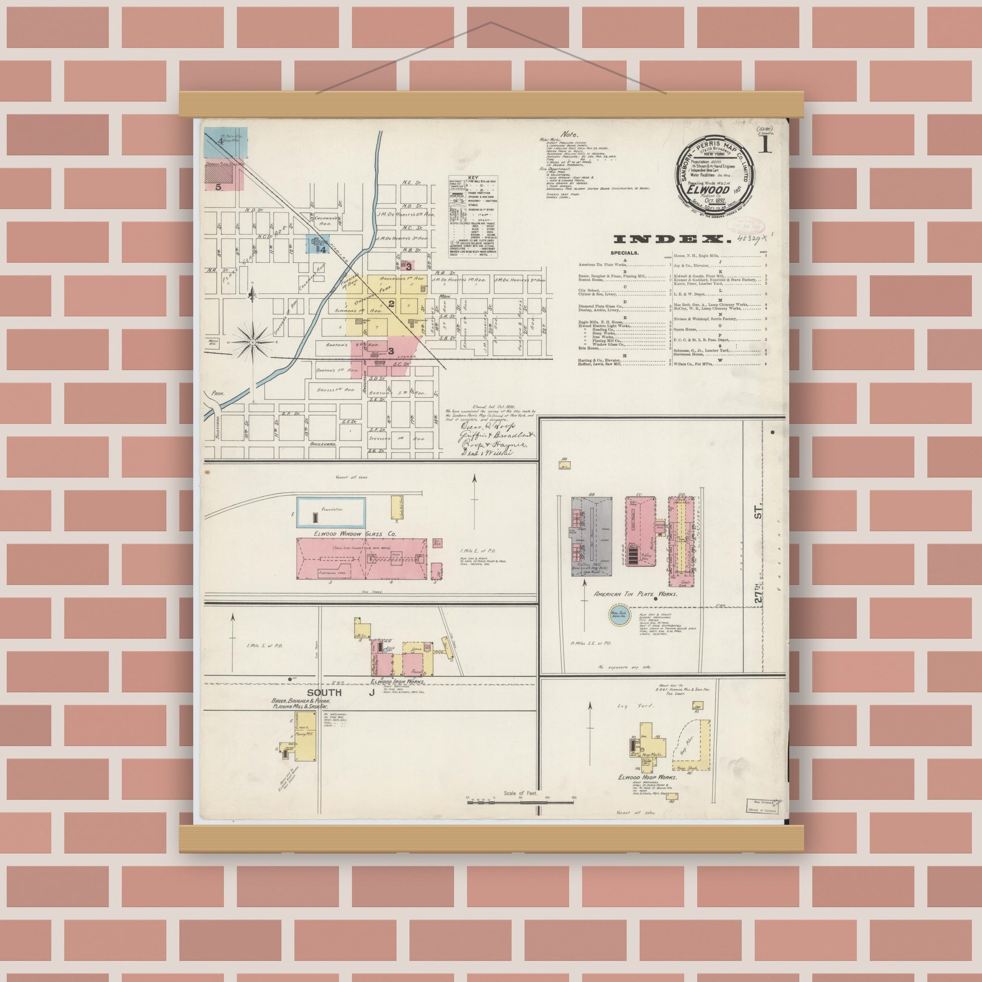 Old map wall art mockup — magnetic wood frame on brick wall — Sanborn Fire Insurance Map from Elwood, Madison County, Indiana (1892) - Complete Map Set
