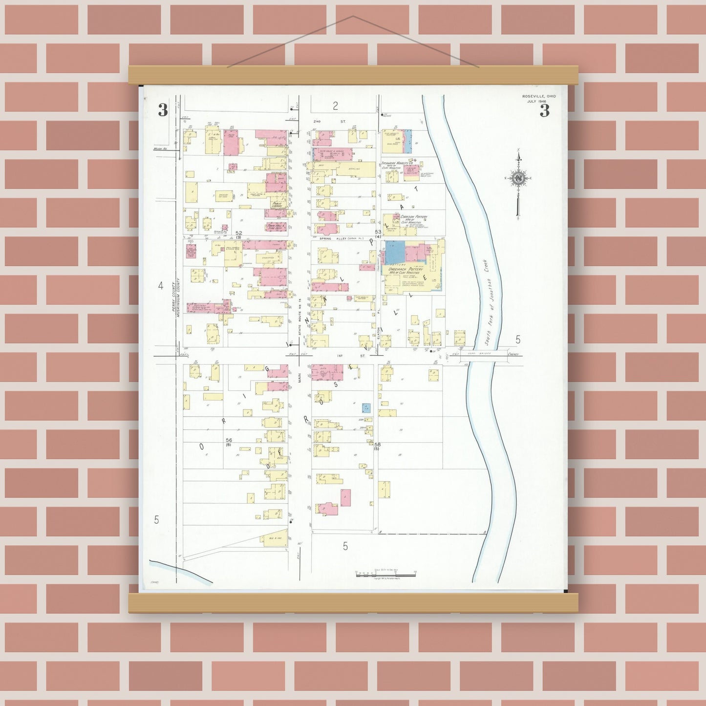 Old map wall art mockup — magnetic wood frame on brick wall — Sanborn Fire Insurance Map from Roseville, Perry And Muskingum Counties, Ohio (1946), Sheet #0003