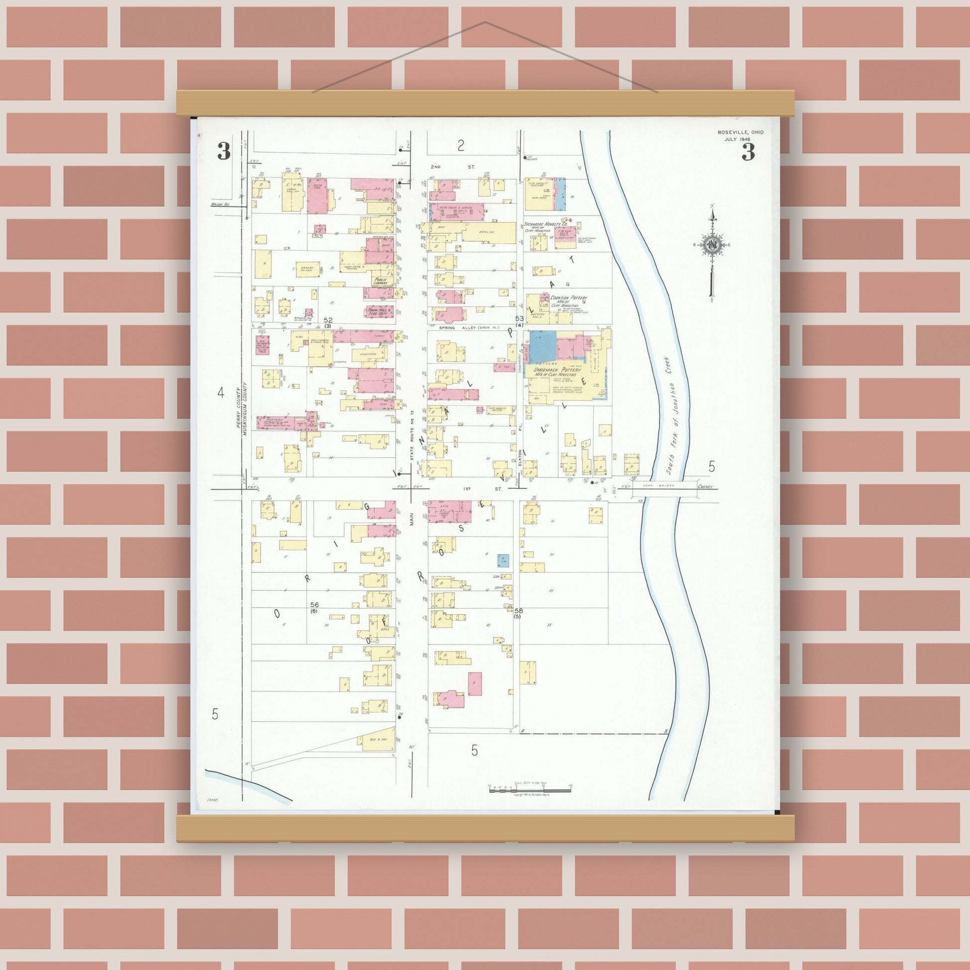 Old map wall art mockup — magnetic wood frame on brick wall — Sanborn Fire Insurance Map from Roseville, Perry And Muskingum Counties, Ohio (1946), Sheet #0003