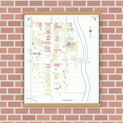 Old map wall art mockup — magnetic wood frame on brick wall — Sanborn Fire Insurance Map from Roseville, Perry And Muskingum Counties, Ohio (1946), Sheet #0003